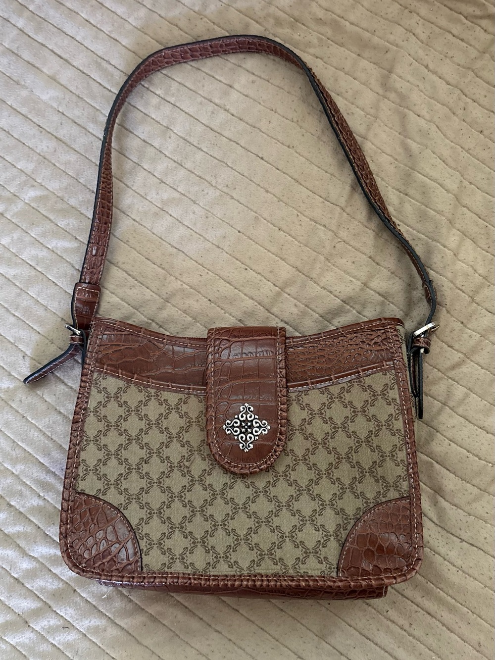 Brown Croc-Trim Patterned Shoulder Bag